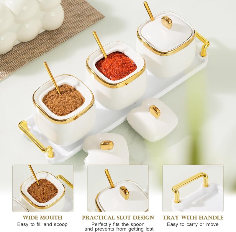 EABOSON 3 Pack Gold Condiment Spice Jars with Lids, Spoons, Tray - Ceramic Seasoning Box Set for Salt, Pepper, Sugar - Kitchen Storage - Image 4
